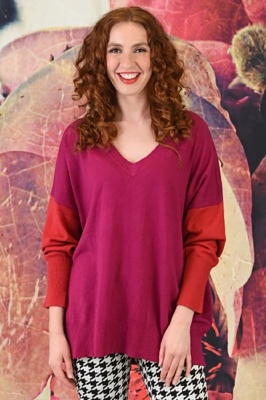 Maura Cashmere Cotton Jumper - Magenta | SALE Basic V-Neck Sweater
