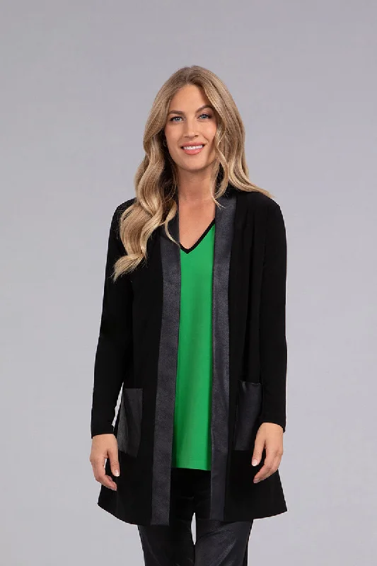 Mix Essential Cardigan with Faux Leather | Black Textured Knit Jumper