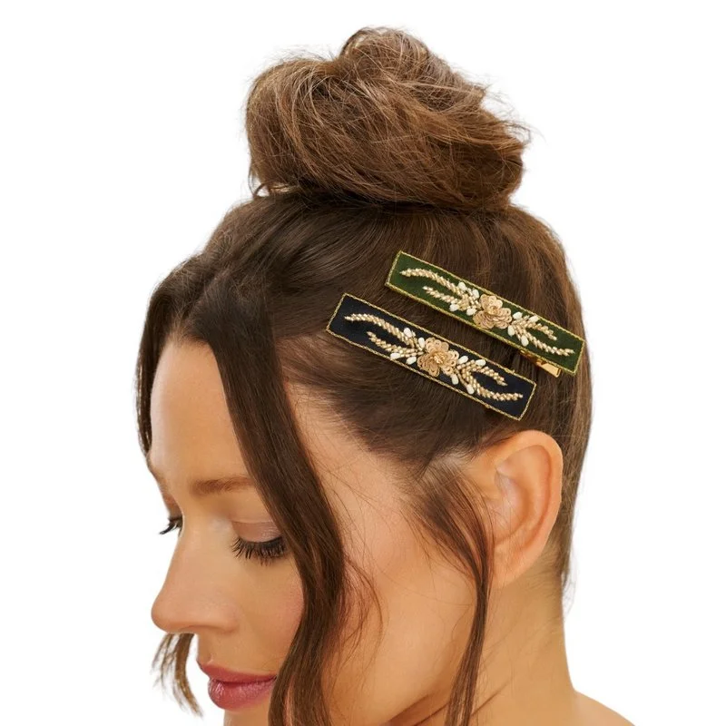 Narrow Jewelled Bouquet Hair Bar - Charcoal & Forest Ribbed Stretchy Knit