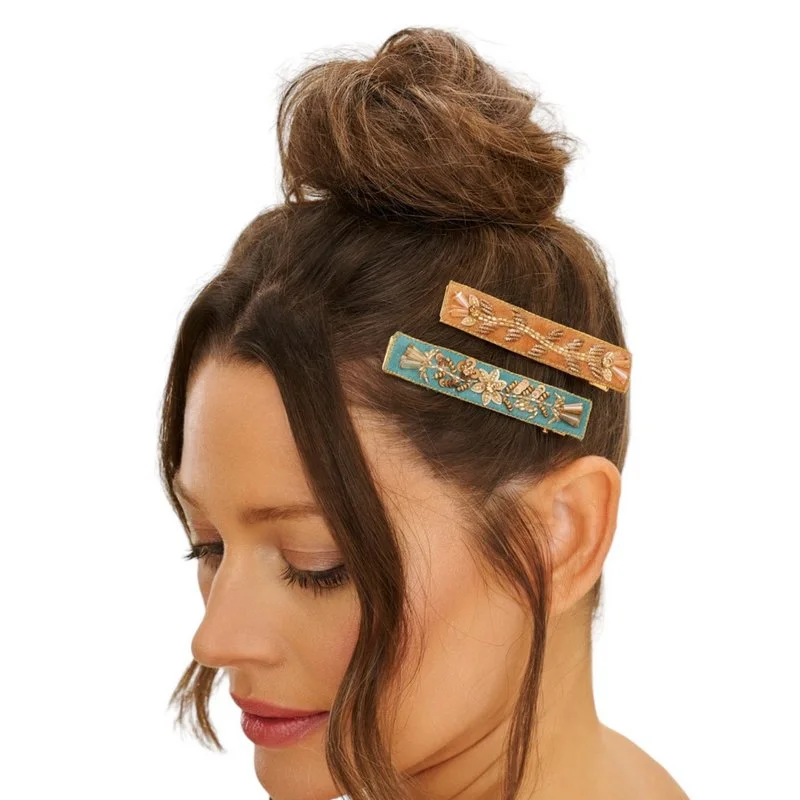 Narrow Jewelled Floral Vines Hair Bar - Turquoise & Mustard Warm Relaxed Sweater