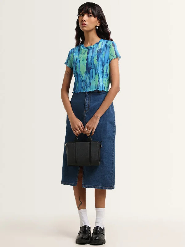 Nuon Blue Abstract Printed Crop Top Women's Classic Blazer
