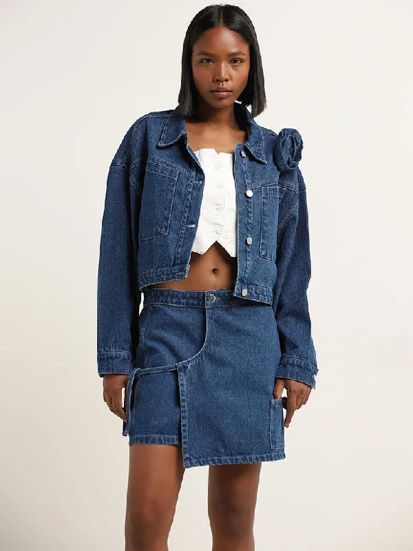 Nuon Dark Blue Rosette Denim Jacket Women's Lightweight Blazer