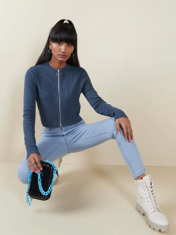 Nuon Teal Ribbed Crop T-Shirt Women's Brand Blazer