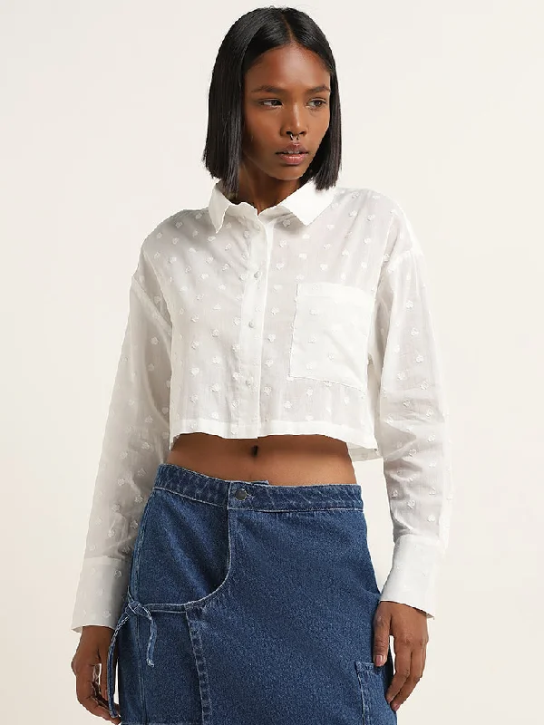 Nuon White Heart Embroidered Cropped Cotton Shirt Women's Advanced Suit