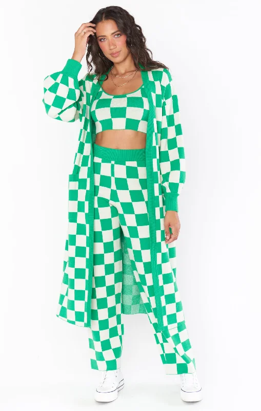 Out and About Cardi ~ Kelly Green Checker Knit Minimalist Wool Sweater