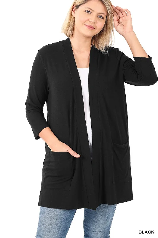 Plus Slouchy Pocket Open Cardigan (Black) Elegant High-Neck Knit