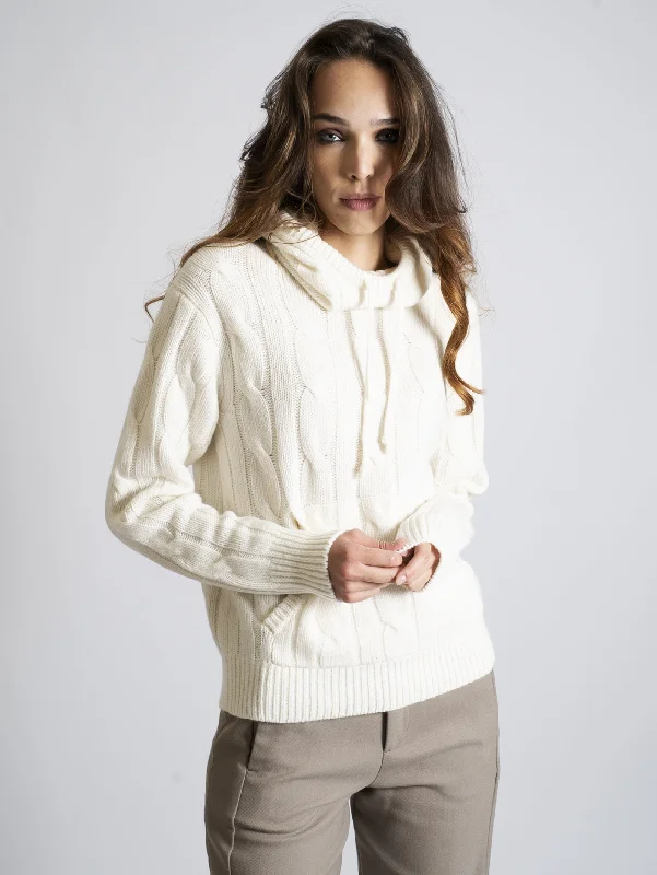 Maglia a Trecce con Cappuccio Cream Feminine Warm Sweater