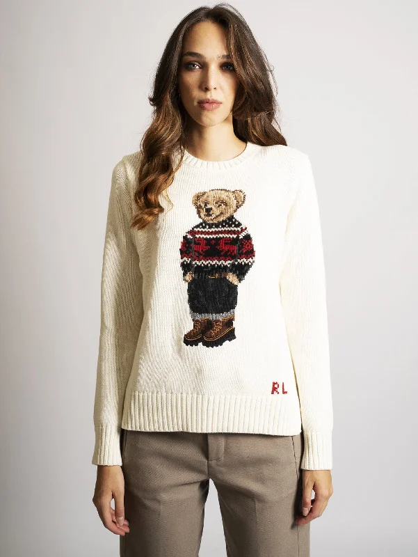 Maglia in Cotone con Polo Bear Cream Multi Basic V-Neck Sweater