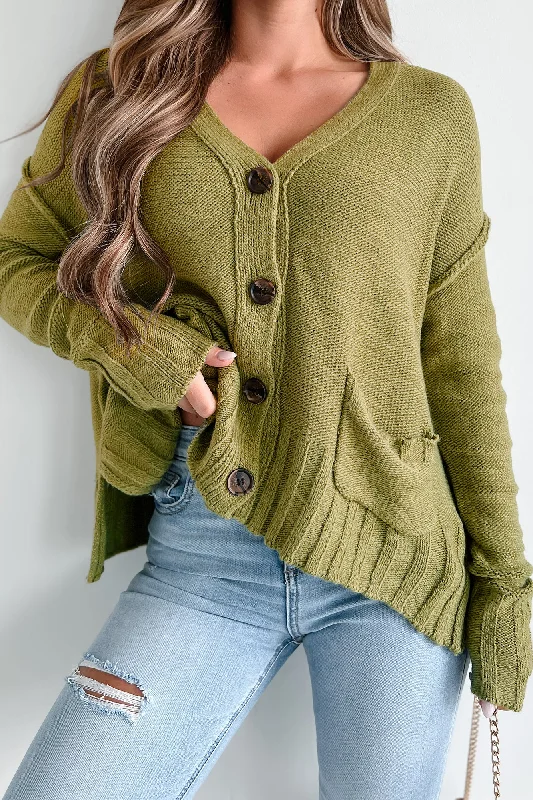 Say No More Button Front Sweater Cardigan (Light Olive) Simple Casual Knit