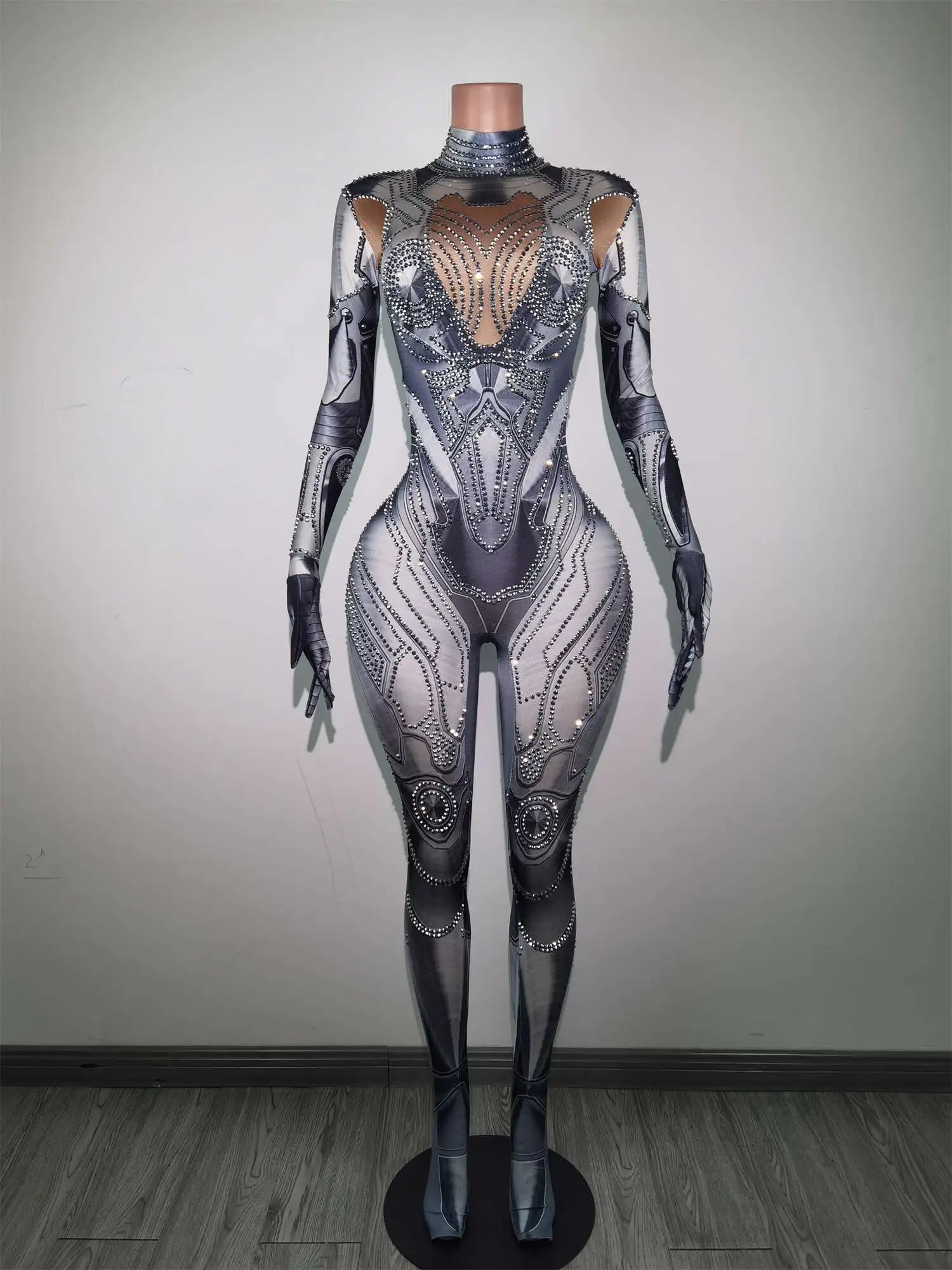 Sexy Performance Dance Costume Nightclub Rompers Show Stage Wear Sparkly Silver Rhinestones Jumpsuit Gloves for Women Women's Daily Blazer