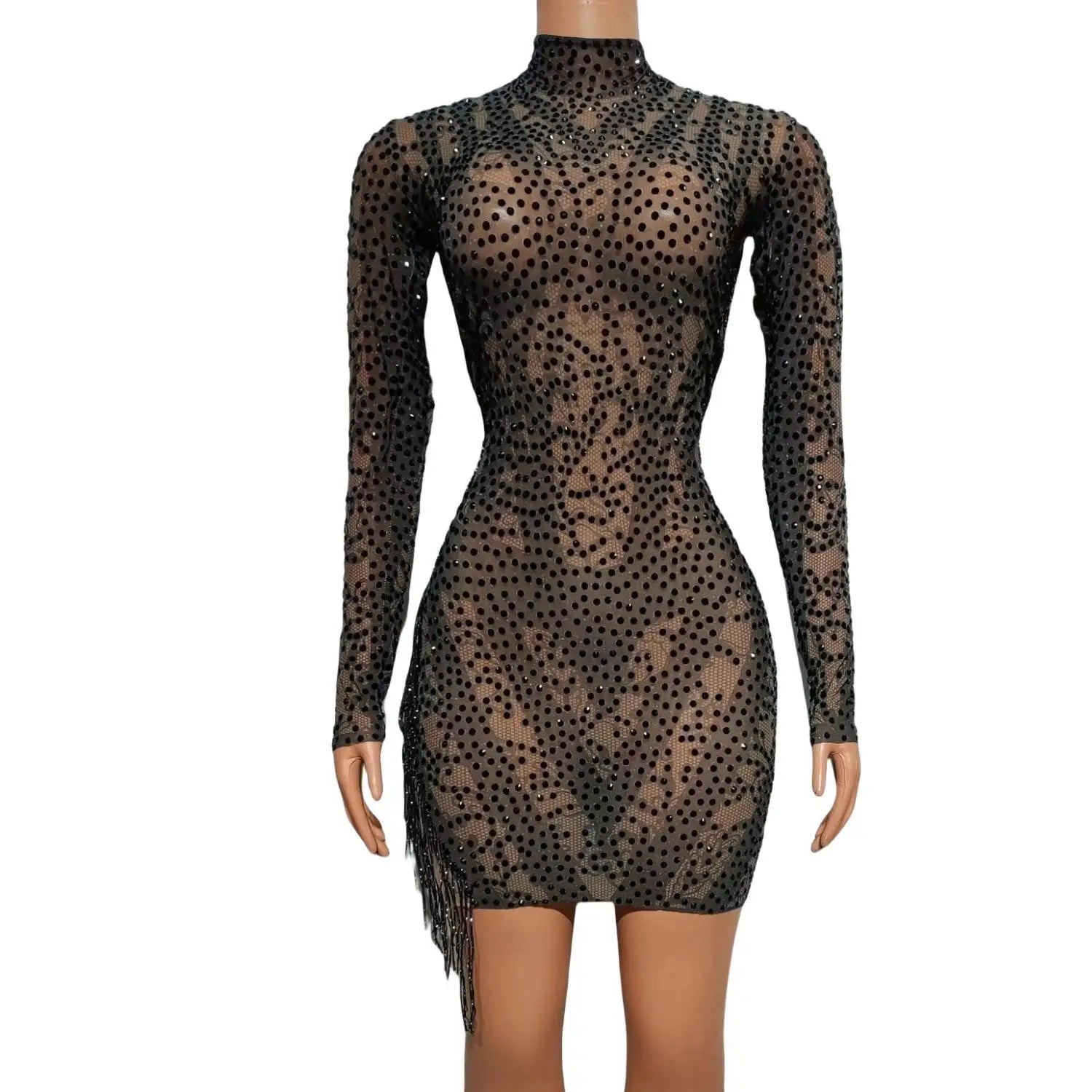 Sexy Sparkly Crystals Fringes Dress Women Evening Party Rhinestones Stretch Short Dress Birthday Celebrate Diamons Dress Women's Trench Blazer