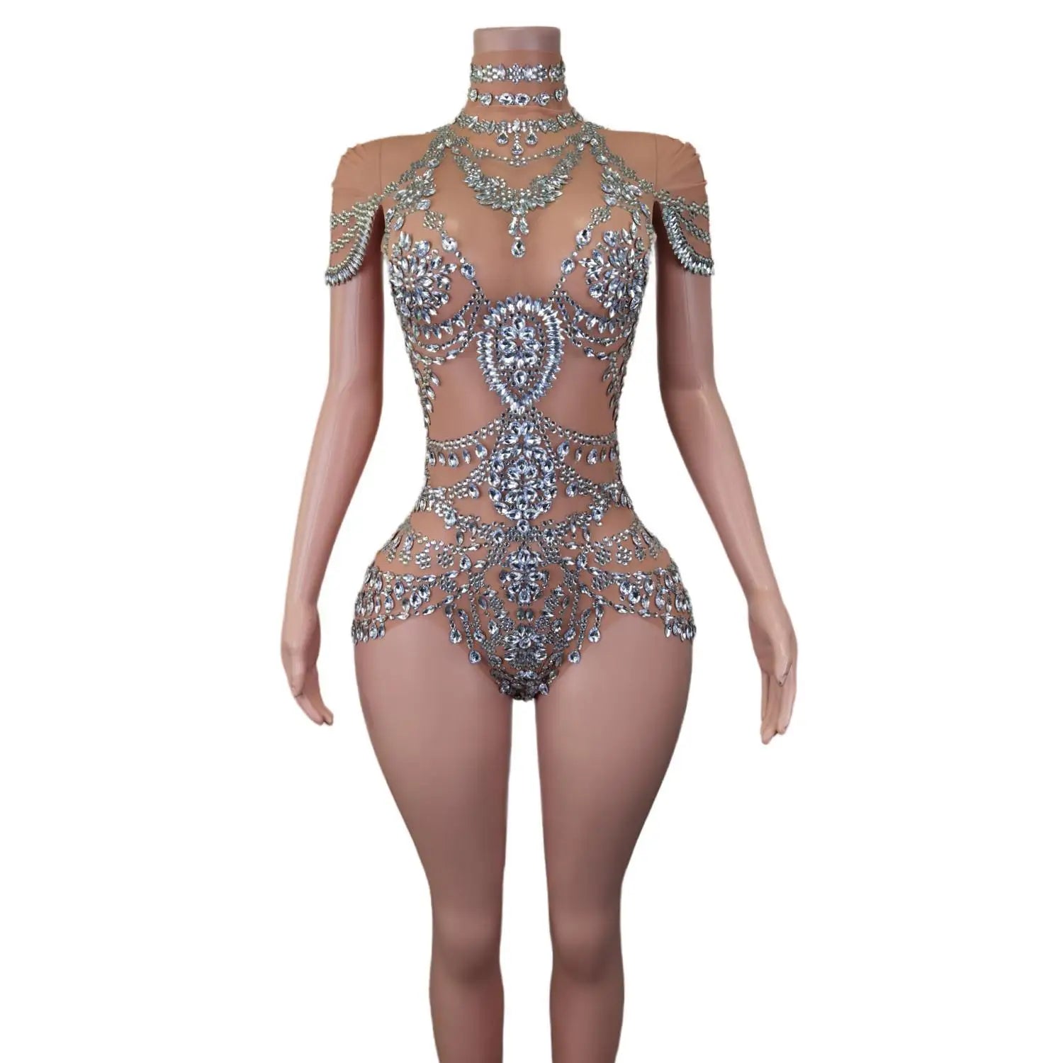 Sexy Stage Sparkly Rhinestone Bodysuits Luxury Women One Piece Stretch Sheer Mesh Short Dance Drag Queen Costume Linen Women's Suit