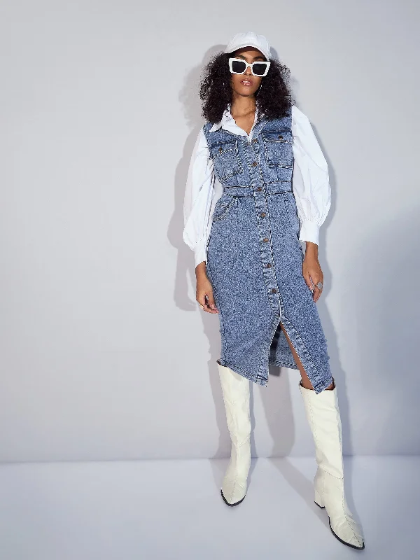 Women Blue Denim V-Neck Midi Dress Plus Size Women's Coat