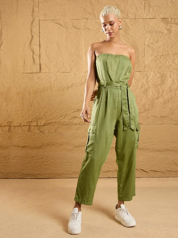 Women Olive Twill Off-Shoulder Jumpsuit Women's Print Jacket