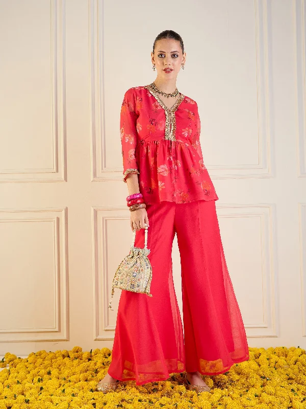 Women Fuchsia Floral Peplum Top With Flared Pants Women's High-End Blazer