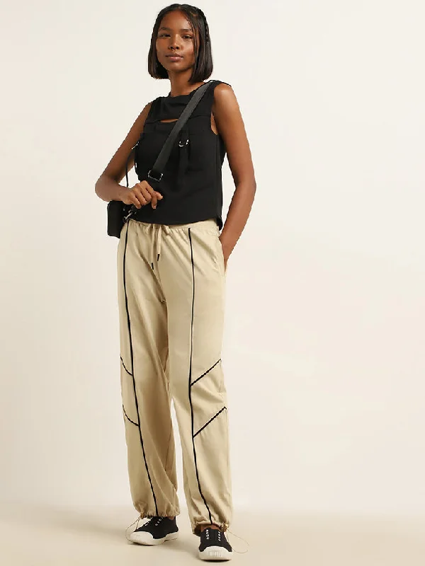 Studiofit Beige Textured Contrast-Detailed Mid-Rise Cotton Track Pants Women's Classic Suit Studiofit Beige Textured Contrast-Detailed Mid-Rise Cotton Track Pants Women's Classic Suit
