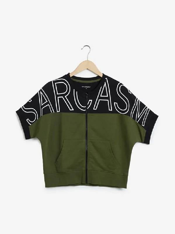 Studiofit Olive Colour-Blocked Cropped Jacket Women's Long Blazer
