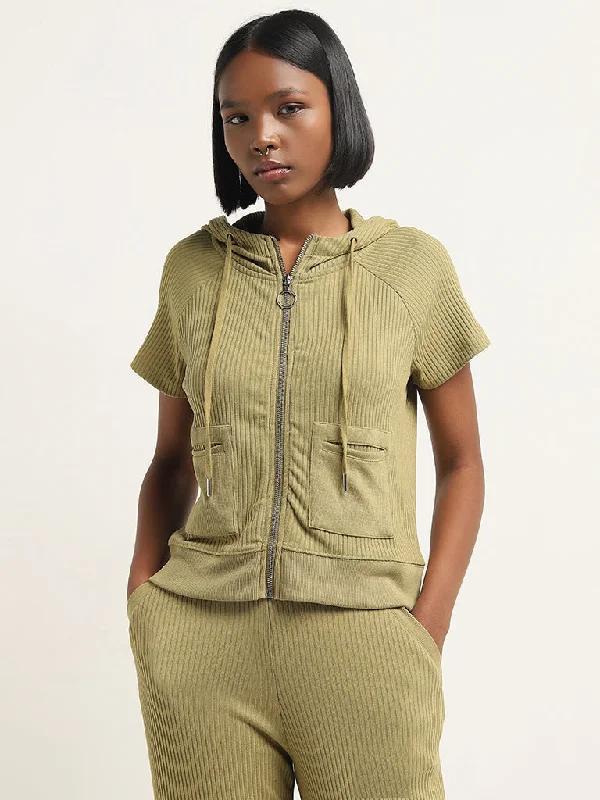 Studiofit Sage Ribbed Textured Hooded Jacket Women's Vintage Jacket