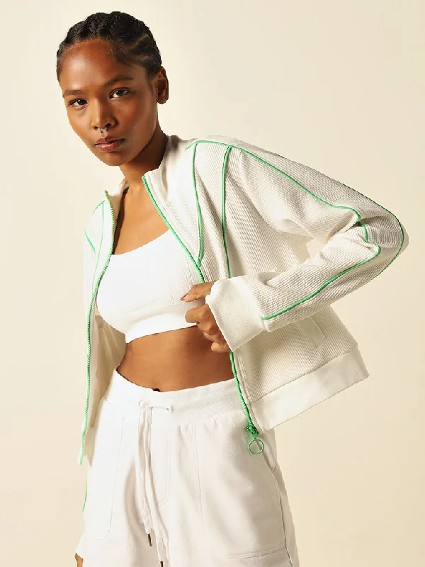 Studiofit White Contrast Design Ribbed Jacket Women's Custom Jacket