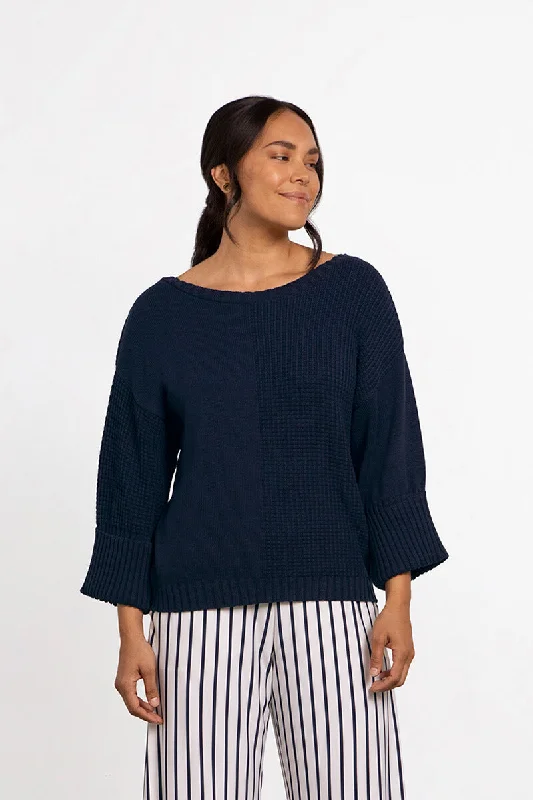 Texture Block Boxy Sweater | Navy Simple Timeless Sweater