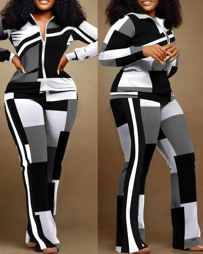 FZ Women's Geometric Print Stand Collar Casual Sporty Two Piece Pants Suit Women's Business Blazer