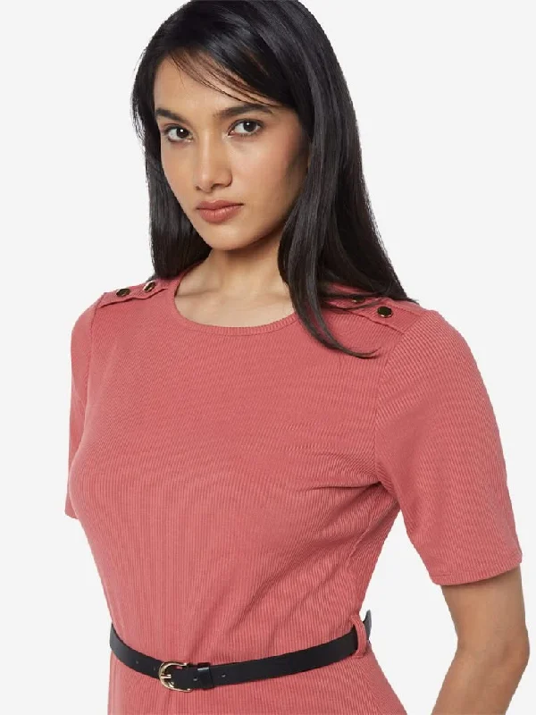 Wardrobe Blush Pink Ribbed Clay Dress With Belt Women's Simple Jacket