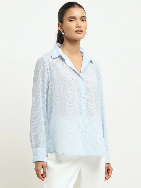 Wardrobe Light Blue Polka Dot Design Textured Shirt Women's Plaid Suit