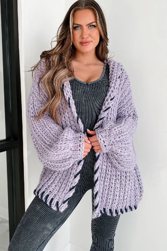 Warm Emotions Stitch Edged Chunky Knit Cardigan (Lilac) Soft Textured Knit