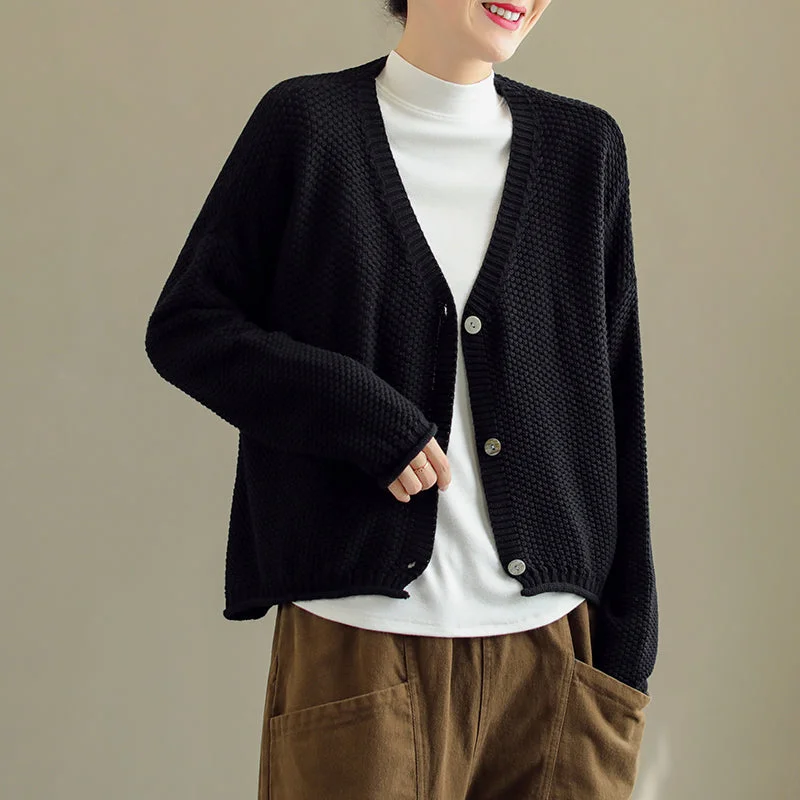 Women Autumn Solid V-Neck Cotton Knitted Cardigan Stylish Winter Knit
