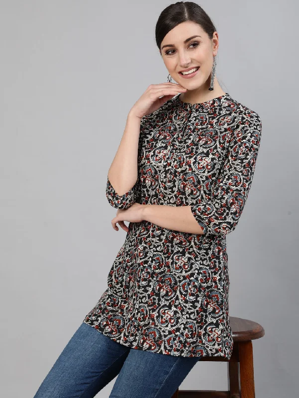 Women Black Printed Tunic With Three Quarter Sleeves Women's Trendy Jacket