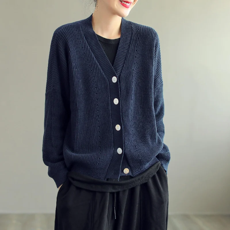 Women Casual Cotton Knitted Solid V-Neck Cardigan Ribbed Turtleneck Knit