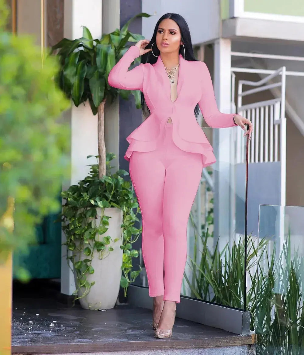 FZ Women's Full Sleeve Ruffles Blazers Two Piece Pants Suit Women's Wedding Blazer