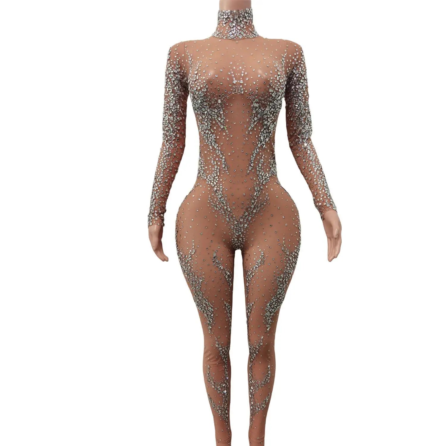 Dazzling Silver Crystal Bodysuit for Women - Sexy Stretchy Full-Length Jumpsuit for Stage Performances, Clubs, and Photoshoots Women's Handmade Blazer