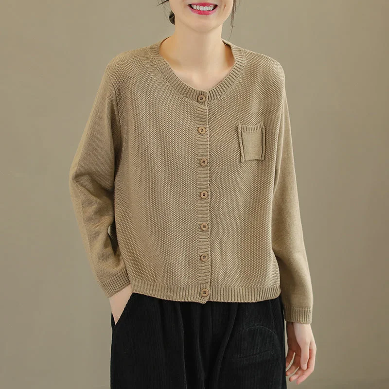 Women Retro Cotton Knitted Casual Solid Cardigan Soft Turtleneck Jumper
