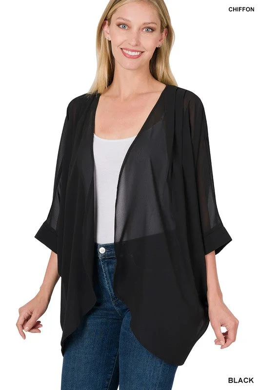 Woven Chiffon Cardigan with Shoulder Pleat (Black) Stretchy Wool Pullover