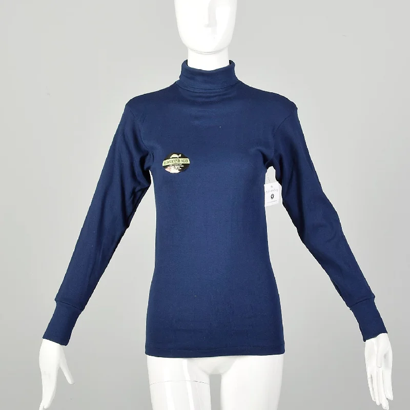 XS 1960s Deadstock Navy Blue Lightweight Long Sleeve Turtleneck Shirt Women's Fashion Blazer